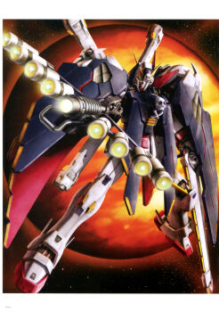 absurdres beam_cannon crossbone_gundam crossbone_gundam_x-1_full_cloth crossbone_vanguard energy_gun gundam highres jolly_roger jupiter_(planet) machinery mecha mecha_focus mobile_suit no_humans official_art painting_(medium) realistic robot scan science_fiction space star_(sky) tenjin_hidetaka traditional_media v-fin weapon zero_gravity