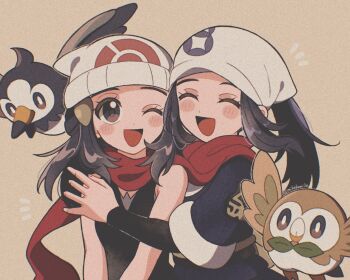 2girls :d ^_^ akari_(pokemon) beanie black_eyes black_hair black_shirt blush blush_stickers brown_background closed_eyes dawn_(pokemon) eyelashes galaxy_expedition_team_survey_corps_uniform gen_4_pokemon gen_7_pokemon hair_ornament hairclip hat headscarf highres jacket long_hair mikakami1e multiple_girls nintendo notice_lines one_eye_closed open_mouth pokemon pokemon_(creature) pokemon_dppt pokemon_legends:_arceus ponytail red_scarf rowlet scarf shirt sidelocks sleeveless sleeveless_shirt smile starly twitter_username upper_body white_hat white_headscarf