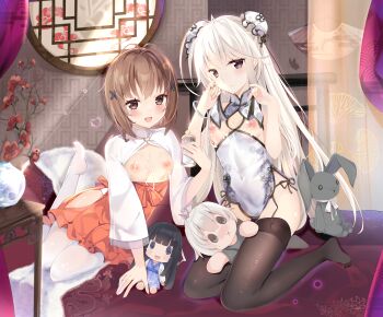 2girls :d absurdres alternate_costume alternate_hairstyle amatsume_akira antenna_hair architecture artistic_error baby_bottle black_panties black_thighhighs blush blush_stickers bottle bracelet breasts breasts_apart breasts_out brown_eyes brown_hair bun_cover character_doll china_dress chinese_clothes closed_mouth clothing_cutout covered_navel cum cum_on_body cum_on_breasts cum_on_upper_body curtains doll double_bun dress east_asian_architecture eyelashes fine_fabric_emphasis flower folding_fan frilled_skirt frills frown full_body grey_eyes hair_bun hair_ornament hand_fan hand_up hands_up happy heart high-waist_skirt highres hip_vent holding holding_bottle imoe_(1017933989) indoors jewelry kasugano_haruka kasugano_sora lifting_own_clothes long_hair long_sleeves looking_at_viewer medium_hair migiwa_kazuha multiple_girls nipples no_shoes on_bed open_clothes open_mouth open_shirt panties pantyhose pelvic_curtain presenting_breasts red_flower red_skirt round_window shirt short_dress side-tie_panties sitting skirt sleeveless sleeveless_dress small_breasts smile straight_hair stuffed_animal stuffed_rabbit stuffed_toy thighhighs thighs underwear variant_set very_long_hair white_dress white_hair white_pantyhose white_shirt wide_sleeves window x_hair_ornament x_mouth yokozuwari yosuga_no_sora