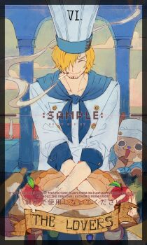 2boys ^_^ antlers apple blonde_hair blue_nose cigarette closed_eyes cloud cooking curly_eyebrows food fruit hair_over_one_eye hashtag-only_commentary highres holding holding_food holding_fruit horns male_focus multiple_boys one_piece pie reindeer_antlers roman_numeral sample_watermark sanji_(one_piece) short_hair siyangou49 smoke tarot the_lovers_(tarot) tony_tony_chopper watermark