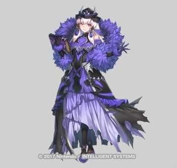 1girl black_dress black_pantyhose book breasts closed_mouth commentary_request dress fire_emblem fire_emblem:_three_houses fire_emblem_heroes fur_trim gloves hagure_keg hair_ornament hat holding holding_book long_hair long_sleeves looking_at_viewer lysithea_von_ordelia lysithea_von_ordelia_(earnest_seeker)_(resplendent) nintendo official_art pantyhose pink_eyes purple_dress shoes simple_background small_breasts smile solo tassel tassel_hair_ornament white_hair
