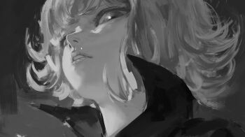 1girl brush_stroke curly_hair daodtt dress from_below grey_background hashtag-only_commentary high_collar highres lips looking_at_viewer medium_hair monochrome nostrils one-punch_man simple_background solo tatsumaki traditional_media upper_body