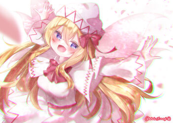 1girl adako_yunagi arms_up blonde_hair blue_eyes blush bow bowtie capelet cherry_blossoms commentary dress fairy fairy_wings falling_petals haru_desu_yo hat highres lily_white long_hair long_sleeves looking_at_viewer outstretched_arms petals red_bow red_bowtie smile solo straight_hair touhou twitter_username very_long_hair white_capelet white_dress white_hat wings