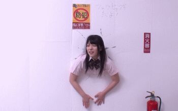 1girl animated animated_gif asian ass ass_hanging_out bent_over black_hair black_socks blunt_bangs bow bowtie crotch female_focus from_behind hnd-181 hon_naka indoors kneehighs kneepits legs loafers lowres panties photo_(medium) pleated_skirt school_uniform shoes skirt socks solo stuck thighs through_wall uehara_ai underwear wall white_panties