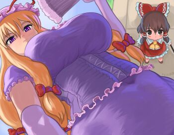 2girls absurdres ascot blonde_hair blush bow breasts brown_eyes brown_hair clenched_hands detached_sleeves dress elbow_gloves folding_fan frilled_bow frilled_dress frilled_hair_tubes frills from_above from_below gloves gohei hair_bow hair_tubes hakurei_reimu hand_fan hat hat_ribbon highres holding holding_gohei japanese_clothes large_breasts long_hair looking_at_another miko mob_cap multiple_girls nontraditional_miko profitshame puffy_short_sleeves puffy_sleeves purple_eyes red_bow red_ribbon red_skirt ribbon short_sleeves skirt touhou white_gloves yakumo_yukari yellow_ascot