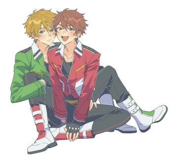 Rule 34 | 2boys, black gloves, black pants, blue eyes, boots, brown hair, chinese commentary, closed mouth, collared shirt, commentary request, ensemble stars!, fingerless gloves, full body, gloves, green eyes, highres, jacket, knee up, knees up, long sleeves, looking at viewer, male focus, mango (naihowda), morisawa chiaki, multiple boys, open mouth, pants, shirt, short hair, simple background, sitting, smile, takamine midori, teeth, upper teeth only, white background, zipper, zipper pull tab