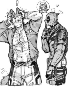 ! 2boys :3 abs animal_ears belt blush bodysuit cat_boy cat_ears cat_tail chest_hair claw_(weapon) deadpool deadpool_&amp;_wolverine deadpool_(series) dishing facial_hair finger_to_mouth gloves hands_on_own_head heart highres jacket large_pectorals long_sleeves looking_at_another male_focus marvel marvel mask monochrome multiple_boys muscular muscular_male navel open_clothes open_jacket pectorals short_hair superhero_costume sweatdrop tail utility_belt weapon wolverine_(x-men) x-men yaoi