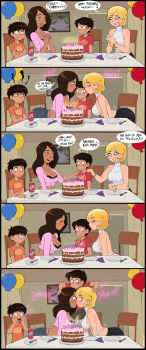 2boys 2girls ass bisexual_female black_hair blonde_hair blush breasts cake comic female food hetero highres kiss male mature_female multiple_boys multiple_girls navel open_mouth original shadman shota smile standing straight_hair straight_shota