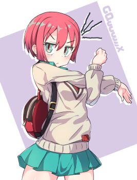 1girl amate_yuzuriha aqua_eyes aqua_shirt aqua_skirt bag blush breasts closed_mouth cross-body_stretch exercising gundam gundam_gquuuuuux highres long_sleeves looking_at_viewer necktie red_hair school_bag school_uniform shirt short_hair skirt solo stretching sweater yuukin