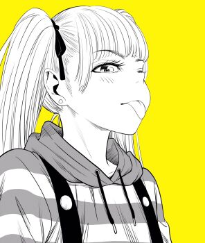 1girl :p commentary earrings eyelashes greyscale_with_colored_background hair_ribbon highres hood hoodie jewelry lee_(dragon_garou) long_hair one_eye_closed original portrait profile ribbon solo striped_clothes striped_hoodie stud_earrings symbol-only_commentary tongue tongue_out twintails yellow_background