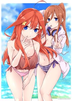 2girls adjusting_hair ahoge alternate_costume arm_behind_head bikini blue_eyes blush border breasts brown_hair cleavage closed_mouth collarbone commentary_request day feet_out_of_frame gluteal_fold go-toubun_no_hanayome hair_between_eyes hair_ornament hand_on_own_thigh hand_to_own_mouth hand_up headphones headphones_around_neck high_ponytail highres hood hoodie large_breasts leaning_forward lens_flare looking_at_viewer mismatched_bikini multiple_girls nakano_itsuki nakano_miku navel ocean open_clothes open_hoodie outside_border pink_bikini plaid_bikini plaid_clothes ponytail purple_bikini red_bikini red_hair shi-2 siblings side-tie_bikini_bottom sisters smile standing star_(symbol) star_hair_ornament swimsuit thigh_gap thighs twitter_username v water white_border white_hoodie