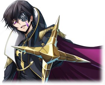 1boy artist_request black_coat black_gloves black_hair black_shirt cape coat code_geass code_geass:_lost_stories cropped_torso epaulettes eyepatch foreshortening game_cg gem gloves gold gold_trim hair_between_eyes half-closed_eyes happy high_collar holding holding_scepter julius_kingsley looking_at_viewer male_focus military_uniform non-web_source official_art one_eye_covered open_clothes open_coat open_mouth outstretched_arm pointing pointing_at_viewer purple_cape purple_eyes purple_gemstone scepter shirt short_hair sidelocks simple_background smile solo teeth transparent_background two-sided_cape two-sided_fabric upper_body