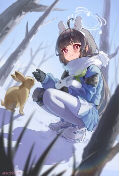 1girl absurdres animal_ears artist_name bare_tree black_gloves black_hair blue_archive blue_shirt blue_skirt closed_mouth commentary day dutch_angle enpera fake_animal_ears full_body gloves green_neckerchief grey_halo halo headgear highres knee_pads long_hair long_sleeves miniskirt miyu_(blue_archive) neckerchief outdoors pantyhose pleated_skirt puffy_long_sleeves puffy_sleeves rabbit rabbit_ears red_eyes scarf school_uniform shirt shoes single_knee_pad skirt smile sneakers solo squatting tree white_halo white_pantyhose white_scarf white_shoes winter yc97