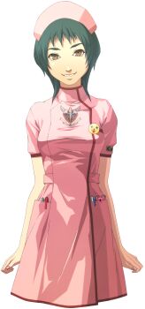 1girl absurdres brown_eyes chou_shittou_caduceus cropped_legs doi_masayuki dress green_hair highres leslie_sears nail_polish nurse official_art pen pink_nails scissors short_hair simple_background smile solo standing third-party_source transparent_background wrists_extended