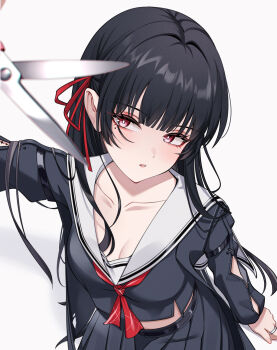 1girl arm_cutout black_hair black_serafuku black_shirt black_skirt breasts bright_pupils chisa_(wuthering_waves) cleavage clothing_cutout collarbone commentary crop_top hair_ribbon highres holding holding_scissors long_hair long_sleeves looking_at_viewer medium_breasts mole mole_under_eye parted_lips red_eyes red_ribbon ribbon sailor_collar school_uniform scissors serafuku shirt simple_background skirt solo uriuritei white_background white_pupils white_sailor_collar wuthering_waves