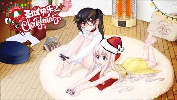 Rule 34 | 2girls, barefoot, black hair, blonde hair, blue eyes, christmas, controller, feet, game controller, glasses, hat, heater, highres, horns, light blush, lollipop in mouth, long hair, looking at viewer, lying, multiple girls, on stomach, open mouth, original, panties, pantyshot, pointy ears, red eyes, santa hat, side ponytail, soles, stellarxiela2, toes, underwear
