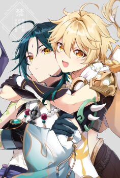 2boys aether_(genshin_impact) aqua_hair arm_tattoo bead_necklace beads black_gloves black_hair blonde_hair braid crop_top crossed_arms earrings facial_mark forehead_mark genshin_impact gloves hair_between_eyes jewelry long_hair male_focus multicolored_hair multiple_boys necklace nt_360 open_mouth shirt short_hair shoulder_spikes smile spikes streaked_hair tattoo white_shirt xiao_(genshin_impact) yaoi yellow_eyes