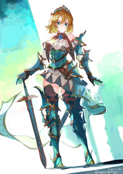 1girl armor armored_boots ascot bare_shoulders blonde_hair blue_eyes blue_gemstone boots closed_mouth dated earrings eyebrows_hidden_by_hair eyelashes fantasy full_body gauntlets gem gold_trim highres hip_armor holding holding_sword holding_weapon jewelry knight miniskirt nagasawa_tougo original planted planted_sword planted_weapon princess_knight_(nagasawa_tougo) sheath shoulder_armor simple_background single_earring skirt solo standing star_(symbol) sword thigh_boots thighhighs thighs tiara turquoise_armor twitter_username waist_cape weapon white_ascot