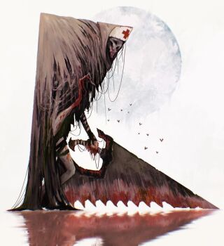 Rule 34 | alexandre chaudret, bandaged arm, bandages, blood on tool, bonesaw, bug, creature, cross, fly, full body, geometry, hat, holding saw, insect, math, monster, moon, nurse, nurse cap, original, red cross, saw, solo, standing, triangle