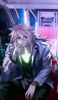 1boy 1girl black_pants black_shirt blonde_hair chest_tattoo closed_mouth collarbone commentary_request fate/grand_order fate_(series) ferris_wheel_interior game_cg glowing glowing_tattoo green_eyes grey_jacket hair_between_eyes jacket konoe_ototsugu kriemhild_(fate) long_hair long_sleeves looking_to_the_side male_focus night official_art open_clothes open_jacket pants photo_background shirt siegfried_(fate) siegfried_(over_the_same_sky)_(fate) sitting smile solo_focus tattoo third-party_source watch wristwatch