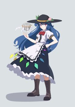 1girl apron ay606078 bandaid bandaid_on_face black_hat black_skirt blue_hair boots brown_boots center_frills collared_shirt commentary frilled_skirt frills fruit_hat_ornament full_body grey_background hand_on_own_hip hat hat_ornament highres hinanawi_tenshi kaname-ishi lace-up_boots leaf leaf_hat_ornament long_hair looking_at_viewer peach_hat_ornament puffy_short_sleeves puffy_sleeves rainbow_order red_eyes shirt short_sleeves simple_background skirt smile solo touhou very_long_hair waist_apron white_apron white_shirt