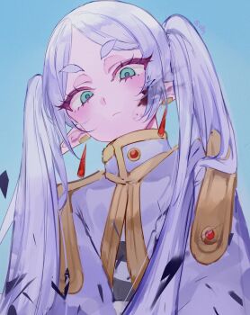 Rule 34 | 1girl, absurdres, artist name, blue background, bruise, bruise on face, capelet, commentary, earrings, elf, expressionless, eyelashes, frieren, frown, green eyes, highres, injury, jewelry, long hair, looking at viewer, mile (off8mile), pointy ears, shirt, simple background, solo, sousou no frieren, striped clothes, striped shirt, symbol-only commentary, twintails, white capelet, white hair