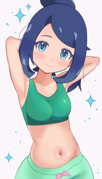 1girl arms_behind_head black_hair blue_eyes blush breasts closed_mouth commentary green_skirt happy highres liko_(pokemon) long_hair looking_at_viewer melili navel nintendo pokemon pokemon_(anime) pokemon_horizons skirt smile solo sparkle stomach white_background