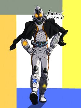 Rule 34 | 1boy, antennae, armor, astro switch, astronaut, baron (varon666), base states, belt, black jacket, bodysuit, clenched hand, compound eyes, fourze driver, full body, gakuran, gloves, hand on own hip, helmet, highres, jacket, jacket on shoulders, kamen rider, kamen rider fourze, kamen rider fourze (series), looking at viewer, male focus, mask, orange eyes, rider belt, school uniform, solo, standing, switches, tokusatsu