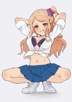 1girl aikatsu!_(series) aikatsu_stars! amesuku_gyaru arms_behind_head arms_up blonde_hair blue_skirt blush bra breasts collared_shirt full_body gyaru hair_ornament hair_scrunchie highres kasumi_mahiru kogal large_breasts long_hair looking_at_viewer navel one_side_up open_clothes open_shirt osame pink_eyes purple_bra scrunchie seductive_smile shirt shoes skirt sleeves_rolled_up smile sneakers solo squatting tied_shirt underwear white_shirt