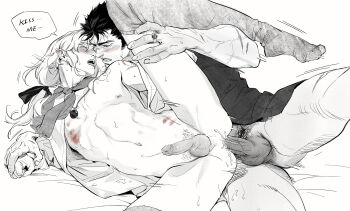 2boys anal berserk bite_mark black_hair blush commentary english_commentary griffith_(berserk) guts_(berserk) highres imminent_kiss long_hair luluzhang998873 male_focus multiple_boys nipples nose open_mouth penis scar scar_on_face scar_on_nose sex short_hair speech_bubble testicles yaoi