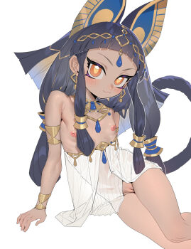 1girl :3 ancient_egyptian ancient_egyptian_clothes armlet black_hair blunt_bangs blush cat_tail cleft_of_venus closed_mouth commentary dark-skinned_female dark_skin flat_chest highres jewelry loli long_hair looking_at_viewer nipples orange_eyes original pussy simple_background sitting smile solo symbol-only_commentary tail uncensored usekh_collar v-shaped_eyebrows white_background wohaimeiyou yokozuwari