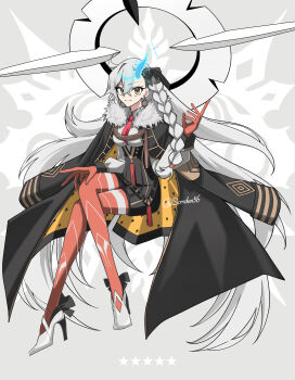1girl absurdres asymmetrical_bangs black_coat black_skirt breasts coat coat_on_shoulders collared_shirt commentary_request fate/grand_order fate_(series) full_body fur-trimmed_coat fur_trim gloves grey_hair hair_ribbon high-waist_skirt high_heels highres horns large_breasts long_hair long_sleeves looking_at_viewer necktie olga_marie_animusphere olga_marie_animusphere_(unbeast) orange_eyes orange_gloves orange_pantyhose pantyhose pencil_skirt ribbon shirt single_horn skirt smile solo tokumori_ramen very_long_hair white_shirt