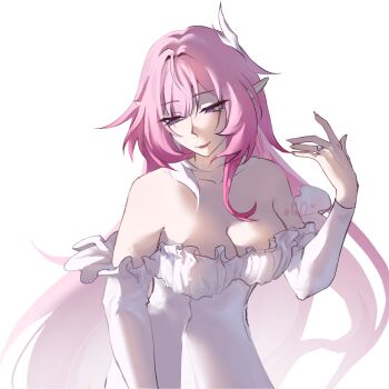 Rule 34 | 1girl, absurdres, alternate costume, bare shoulders, breasts, cleavage, commentary, cyrene (honkai: star rail), cyrene (ripples of past reverie) (honkai: star rail), detached sleeves, dress, english commentary, highres, honkai: star rail, honkai (series), ic0n aik0, large breasts, long hair, multicolored hair, pink hair, pointy ears, purple eyes, simple background, solo, two-tone hair, very long hair, wedding dress, white background, white dress, white hair