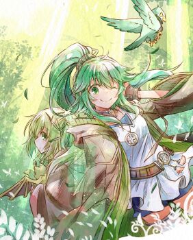 2girls ;) bird breasts commentary_request dragon dragon_wings duel_monster green_hair highres looking_at_viewer mizutama_(mizutamalion) multiple_girls one_eye_closed petit_dragon ponytail robe siblings sisters smile tagme winda_(yu-gi-oh!) winda_priestess_of_gusto wings wynn_(yu-gi-oh!) wynn_the_wind_charmer yu-gi-oh!