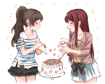 Rule 34 | 2girls, animal ears, black skirt, brown hair, cat ears, closed eyes, facing another, happy, highres, holding, holding pastry bag, idolmaster, idolmaster million live!, jacket, kitazawa shiho, long hair, multiple girls, open mouth, pastry bag, pink jacket, ponytail, red hair, shirt, short sleeves, simple background, skirt, smile, sorappi, standing, straight hair, striped clothes, striped shirt, stuffed animal, stuffed cat, stuffed toy, t-shirt, tanaka kotoha, white background, white skirt