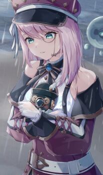1girl absurdres bare_shoulders belt blue_gemstone bow brooch camera charlotte_(genshin_impact) commentary_request cross-laced_clothes cross-laced_sleeves detached_sleeves gem genshin_impact gloves gold_trim haneshuu_rie hat highres holding holding_camera hydro_eidolon_(genshin_impact) jewelry monocle newsboy_cap pink_hair puffy_detached_sleeves puffy_sleeves rain red_hat red_sleeves revision wet wet_clothes white_belt white_gloves