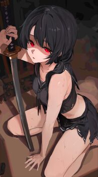 1girl absurdres armpit_crease artist_request bare_arms bare_legs bare_shoulders between_legs black_hair black_neckerchief black_sailor_collar black_serafuku black_shirt black_skirt breasts collarbone commission crop_top hair_over_shoulder hand_between_legs highres holding holding_sword holding_weapon idolmaster idolmaster_million_live! idolmaster_million_live!_theater_days katana long_hair looking_at_viewer midriff miniskirt neckerchief on_floor parted_lips planted planted_sword planted_weapon red_eyes sailor_collar school_uniform seiza serafuku shaded_face shirt sitting skirt sleeveless sleeveless_shirt small_breasts solo stomach sweat sword takayama_sayoko thighs torn_clothes torn_shirt torn_skirt weapon