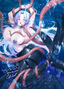 1girl :o air_bubble armpits arms_up azur_lane bare_shoulders bead_necklace beads black_cape black_collar bound bound_tail bound_wrists breasts bubble cape chain chained chisamikan collar collarbone commentary_request commission full_body ganj-i-sawai_(azur_lane) ganj-i-sawai_(mermaid_in_distress)_(azur_lane) halo highres jewelry large_breasts leash long_hair looking_at_viewer mermaid monster_girl monsterification multicolored_hair navel necklace o-ring o-ring_thigh_strap official_alternate_costume open_mouth parted_bangs pink_hair purple_eyes purple_hair scales sidelocks signature skeb_commission solo stomach tentacles thigh_strap underwater very_long_hair waist_cape watermark
