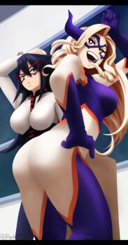 2girls annoyed arm_above_head artist_name ass between_breasts black_hair blonde_hair blue_eyes bodysuit boku_no_hero_academia breasts clenched_hands corset curvy dominatrix domino_mask drill_hair drill_sidelocks eye_mask fake_horns female_focus hair_between_eyes hand_on_own_hip hand_up happy highres horns indoors large_breasts legs long_hair looking_at_another looking_at_viewer mask mature_female midnight_(boku_no_hero_academia) mount_lady multiple_girls multiple_views neck open_mouth parted_bangs red_eyes revealing_clothes scene_reference seductive_smile sideboob sidelocks skin_tight smile spiked_hair standing superhero_costume thighs turnaround wavy_hair