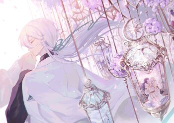 1girl 2boys absurdres ambrum_(lovebrush_chronicles) black_shirt cael_anselm cael_anselm_(godheim) cael_anselm_(infinite_empire) cael_anselm_(reminiscence) cael_anselm_(white_city) chinese_commentary closed_mouth collared_shirt crescent earrings facing_to_the_side falling_petals flower from_behind green_ribbon group_hug hair_between_eyes hair_ribbon hand_up heroine_(lovebrush_chronicles) highres holding_hands hug in_container in_lamp jacket jacket_on_shoulders jewelry kiss kissing_hand lantern long_bangs long_hair long_hair_between_eyes long_sleeves lovebrush_chronicles male_focus multiple_boys multiple_persona multiple_views official_alternate_costume out_of_frame petals profile purple_flower ribbon shirt smile snow234 solo_focus star_(symbol) upper_body very_long_hair white_background white_hair white_jacket