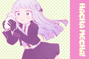 Rule 34 | 1girl, :o, black gloves, black jacket, black ribbon, black skirt, blunt bangs, blush, braid, collared shirt, commentary request, danganronpa: trigger happy havoc, danganronpa (series), derivative work, food, gloves, hair ribbon, hand up, happy mille-feuille (idolmaster), highres, holding, holding food, idolmaster, jacket, kirigiri kyoko, long hair, long sleeves, looking at viewer, misa (usaginosakura), necktie, open clothes, open jacket, parody, pleated skirt, red necktie, ribbon, shirt, skirt, solo, sweatdrop, white shirt