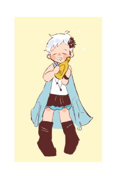 Rule 34 | 1girl, black boots, black flower, black skirt, blue jacket, blush, boots, border, bottle, bracelet, chaie, closed eyes, commentary, deformed, drooling, english commentary, flat color, flower, full body, hair flower, hair ornament, highres, holding, holding bottle, jacket, jewelry, kyokugen dasshutsu, kyokugen dasshutsu adv: zennin shibou desu, mouth drool, necklace, open clothes, open jacket, phi (kyokugen dasshutsu), shirt, short hair, simple background, skirt, sleeveless, sleeveless jacket, sleeveless shirt, solo, standing, very short hair, white border, white shirt, yellow background