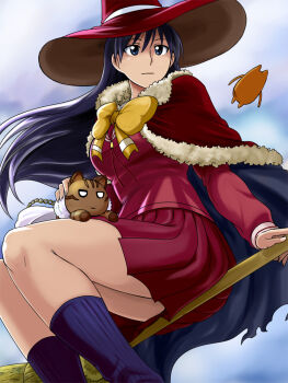 Rule 34 | 1girl, azumanga daiou, black hair, blouse, blue legwear, bow, bowtie, broom, broom riding, capelet, cat, mihama chiyo's father, expressionless, flat chest, flying, fur trim, hat, headpat, iriomote cat, kagari ayaka, leg warmers, long hair, mayaa (azumanga daioh), parody, pleated skirt, raburebo, red skirt, sakaki (azumanga daioh), shirt, sidesaddle, skirt, thighs, witch, witch craft works, witch hat, yellow bow, yellow bowtie