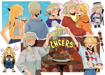 2girls 3boys :d ^_^ beard beer_mug bell_pepper beret black_eyes black_hair blonde_hair blue_capelet blue_hat blue_pants blue_robe blue_shirt blush braid brown_hair brown_pants byubiyubi capelet cheek-to-cheek chibi chibi_inset chilchuck_tims choker clenched_hands closed_eyes commentary contemporary cup curtained_hair drinking dungeon_meshi dwarf elf english_commentary english_text facial_hair falin_touden food green_bell_pepper green_eyes hair_ribbon halfling hat hawaiian_shirt heads_together heart highres holding holding_skewer hood hooded_capelet hoodie hug laios_touden light_blush light_brown_hair long_beard long_hair long_sleeves map marcille_donato meat medium_hair mug multiple_boys multiple_girls mushroom one_eye_closed open_mouth orange_hoodie pants patchwork_clothes plate pointy_ears purple_shirt red_choker red_sweater ribbon robe sandals senshi_(dungeon_meshi) shirt short_sleeves shorts sidelocks sitting skewer smile sun_hat sweatdrop sweater table tank_top toasting_(gesture) twin_braids very_long_hair watch white_background white_pants white_shirt white_tank_top wristwatch yellow_eyes yuri