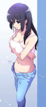 1girl absurdres arms_under_breasts black_eyes black_hair blue_pants bow bow_panties breasts camisole camisole_lift cleavage closed_mouth clothes_lift commentary_request dated denim feet_out_of_frame from_side hibike!_euphonium highres jeans kousaka_reina large_breasts lifting_own_clothes long_hair navel nii_manabu open_fly open_pants panties pants signature solo spaghetti_strap standing stomach straight_hair underwear undressing white_camisole white_panties