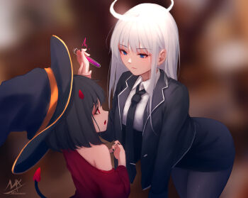 2girls aged_down angel_and_devil angel_girl_(shimmer) arm_up artist_name bent_over black-haired_demon_girl_(shimmer) black_hair black_headwear black_necktie black_skirt blue_eyes blurry blurry_background collared_shirt commentary demon_girl demon_horns demon_tail halo hat highres holding holding_another's_wrist horns long_hair looking_at_another medium_hair multiple_girls necktie original pantyhose potion red_horns red_shirt shimmer shirt signature skirt smile symbol-only_commentary tail white_hair white_shirt witch_hat yuri
