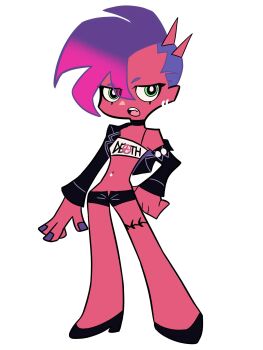 anarchy_symbol bandeau bastard_(psg) black_jacket choker colored_skin demon demon_girl demon_horns goth_fashion green_eyes highres horns jacket midriff multicolored_hair navel navel_piercing official_style open_mouth panty_&amp;_stocking_with_garterbelt piercing pink_hair purple_hair purple_nails red_skin short_hair short_shorts shorts simple_background teeth theresivy upper_teeth_only white_background white_bandeau