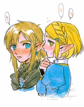 1boy 1girl aqua_eyes black_cloak black_sweater blonde_hair blue_shirt blue_tunic blush braid cloak crown_braid ear_blush earrings green_eyes hair_ornament hairclip hand_on_own_chest hashtag-only_commentary highres jewelry link long_hair low_ponytail mouyi nintendo parted_bangs pointy_ears ponytail princess_zelda sample_watermark shirt short_hair sidelocks signature spoken_blush sweater the_legend_of_zelda the_legend_of_zelda:_tears_of_the_kingdom tunic upper_body watermark white_background