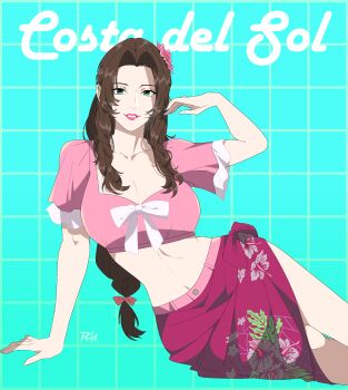 1girl absurdres aerith_gainsborough aerith_gainsborough_(floral_delight) aqua_background arm_support artist_logo artist_name bow breasts brown_hair cleavage collarbone commentary crop_top cropped_shirt curtained_hair english_commentary english_text feet_out_of_frame final_fantasy final_fantasy_vii final_fantasy_vii_rebirth final_fantasy_vii_remake floral_print_sarong flower forehead frilled_sleeves frills green_eyes grid_background hair_bow hair_flower hair_ornament hair_over_shoulder hand_up highres leaning_to_the_side lips location_name logo long_hair looking_at_viewer low-tied_long_hair medium_breasts midriff navel official_alternate_costume parted_bangs parted_lips pink_bow pink_flower pink_lips pink_sarong pink_shirt purple_sarong r3dfive reclining sarong shirt short_sleeves simple_background smile solo stomach