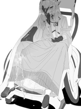 Rule 34 | 1futa, blue archive, bulge, cum, cum in clothes, cum on clothes, cum through clothes, erection, erection under clothes, flower, full body, futanari, gloves, greyscale, hair flower, hair ornament, hair tubes, hairband, highres, himari (blue archive), hitobashira (1746164306), huge penis, jacket, loafers, long hair, long sleeves, mole, mole under eye, monochrome, penis, pointy ears, powered wheelchair, robe, shoes, simple background, sitting, solo, wheelchair, white background